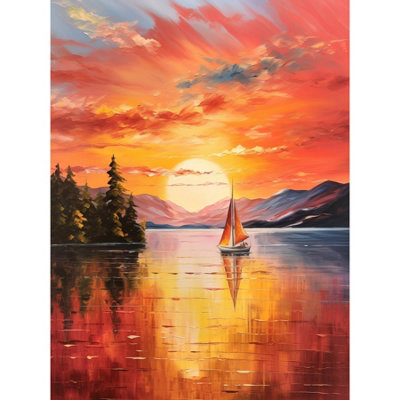 Artery8 Unframed Wall Art Serene Lake Sunset Sailing Vibrant Painting Sail Boat Lakeside Mountain Landscape12X16 Inch from B&Q