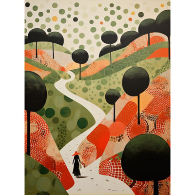 Artery8 Unframed Wall Art Walk On The Countryside Hill Path Folk Art Painting Red Orange Green Abstract Landscape12X16 Inch from B&Q