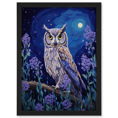B&Q -  Great Horned Owl In Lavender Field Oil Painting Blue Purple Full Moon Night In The Countryside Wall Art PrintA4 Size