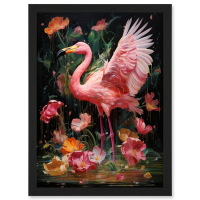 B&Q -  Flamboyant Flamingo Feathers Artwork Bird In The Rain Vibrant Pink Orange Green Wall Art PrintA4 Size