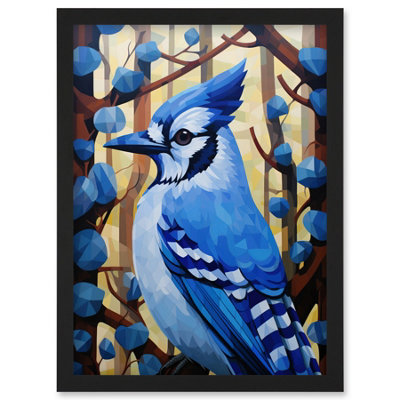 Artery8 Blue Jay Geometric Artwork Wild Bird Perched On Tree Polygonal Forest Landscape Wall Art PrintA4 Size