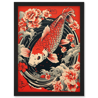 Artery8 Koi Fish Carp Japan Whirlpool Red Black Floral Artwork Coy Wall Art PrintA4 Size from B&Q