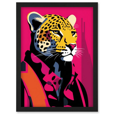 B&Q -  Strong Leopard In Suit Bold Artwork Orange Pop Art Hot Pink Vibrant Portrait Wall Art PrintA4 Size
