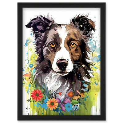 Artery8 Border Collie Dog Bright Watercolour Painting Floral Portrait With Wildflowers And Butterflies Wall Art PrintA4 Size from B&Q