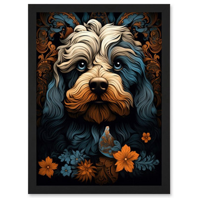 Artery8 Cockapoo Dog With Flower Patterns Art Nouveau Artwork Orange Blue Floral Portrait Design Wall Art PrintA4 Size from B&Q