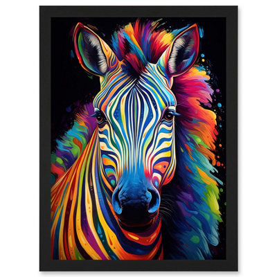 Artery8 Rainbow Striped Zebra Colourful Vibrant Bold Psychedelic Neon Impact Wall Art PrintA4 Size from B&Q