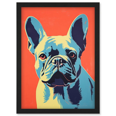 Artery8 French Bulldog Colour Block Artwork Coral Orange Blue Vibrant Pet Portrait Cute Wall Art PrintA4 Size