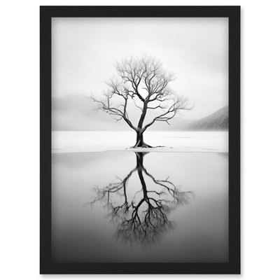 Artery8 Lone Tree By Frozen Lake Winter Landscape Black And White Photograph Wall Art PrintA4 Size