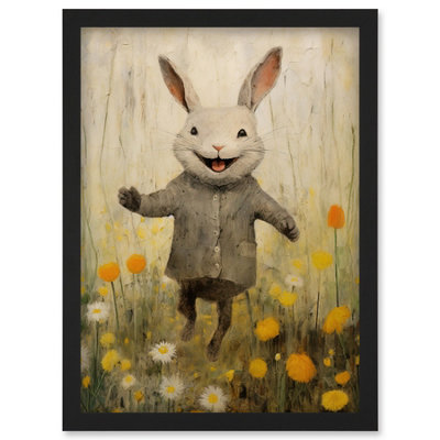 B&Q -  Raincoat Rabbit Happy Bunny Flower Meadow Kids Girls Bedroom Nursery Wall Art PrintA4 Size
