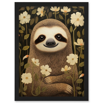 B&Q -  Sloth With Jasmine And Anemone Flowers Elegant Wall Art PrintA4 Size