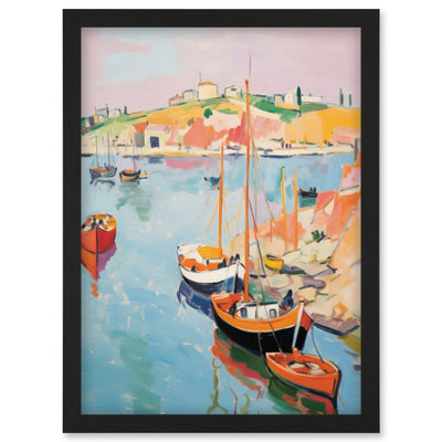 Artery8 Boats In Harbour Fishing Village Coastal Landscape Colourful Abstract Watercolour Painting Wall Art PrintA4 Size from B&Q