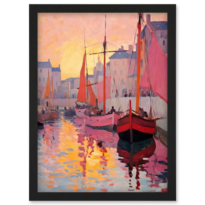 B&Q -  Sailboats Reflecting In Harbour Water Pink Orange Sunset Oil Painting Anchoring By Promenade Wall Art PrintA4 Size