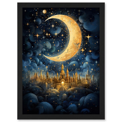 B&Q -  Golden City In The Clouds Surreal Artwork Blue Gold Crescent Moon Starry Night Fairytale Wall Art PrintA4 Size