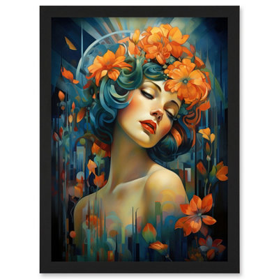 B&Q -  Woman Portrait With Flowers Modern Art Deco Vibrant Artwork Orange Blue Floral Headband Wall Art PrintA4 Size