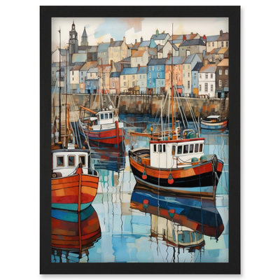 Artery8 Newlyn Harbour Trawler Boats Promenade Watercolour Painting Cornwall Coastal Townscape Wall Art PrintA4 Size from B&Q
