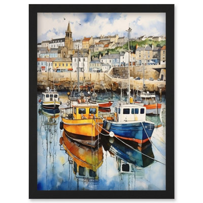 Artery8 Penzance Harbour Trawler Boats Promenade Watercolour Painting Cornwall Coastal Townscape Wall Art PrintA4 Size from B&Q