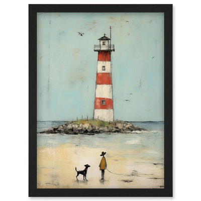 B&Q -  Lighthouse Pastel Colour Painting Bathroom Artwork Red Blue Ochre Boy And Pet Dog Beach Walk Wall Art PrintA4 Size