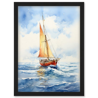 Artery8 Orange Sailing Boat Watercolour Painting Bathroom Artwork Sail At Sea Seascape Wall Art PrintA4 Size from B&Q