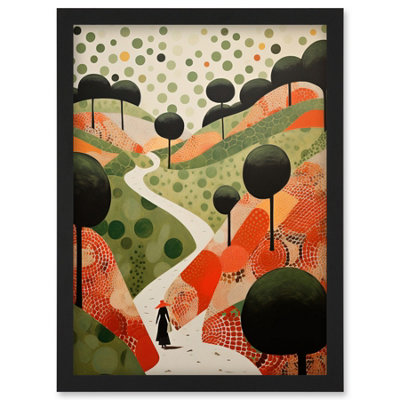 Artery8 Walk On The Countryside Hill Path Folk Art Oil Painting Red Orange Green Abstract Landscape Wall Art PrintA4 Size from B&Q
