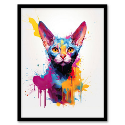B&Q -  Devon Rex Cat Lover Gift Pet Portrait Purple Blue Orange Artwork Painting Wall Art PrintA4 Size