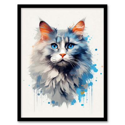 Artery8 Grey Point Ragdoll With Blue Eyes Cat Lover Gift Pet Portrait Bright Artwork Painting Wall Art PrintA4 Size from B&Q