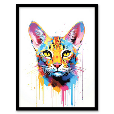 Artery8 Savannah Cat Lover Gift Pet Portrait Orange Blue Pink Artwork Painting Wall Art PrintA4 Size from B&Q