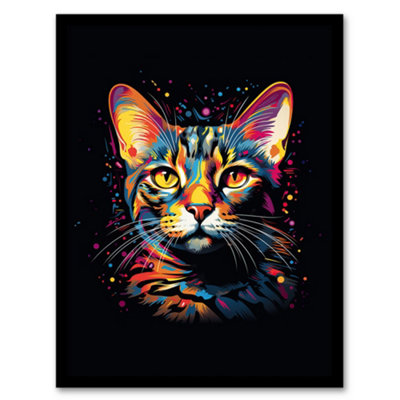 Artery8 Framed Wall Art Bengal Cat Lover Gift Pet Portrait Orange Purple Blue On Black Artwork Painting12X16 Inch from B&Q