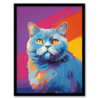 Artery8 Framed Wall Art British Shorthair Cat Lover Gift Pet Portrait Purple Orange Blue Artwork Painting12X16 Inch from B&Q