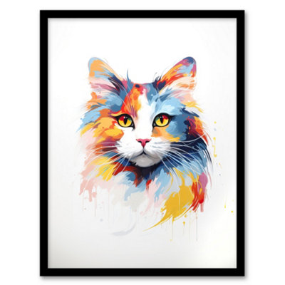 Artery8 Framed Wall Art Calico Cat Lover Gift Pet Portrait Orange Blue Artwork Painting12X16 Inch from B&Q