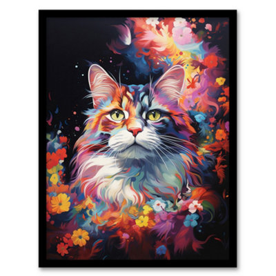 Artery8 Framed Wall Art Norwegian Forest Cat Lover Gift Pet Portrait Colourful Artwork Painting12X16 Inch from B&Q