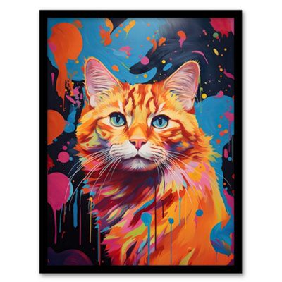 Artery8 Framed Wall Art Orange Tabby Cat Lover Gift Pet Portrait Abstract Pink Blue Artwork Painting12X16 Inch from B&Q