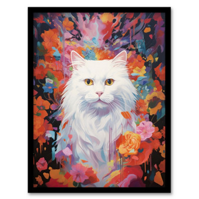 B&Q -  Framed Wall Art Pure White Cat Lover Gift Pet Portrait Colourful Artwork Painting12X16 Inch