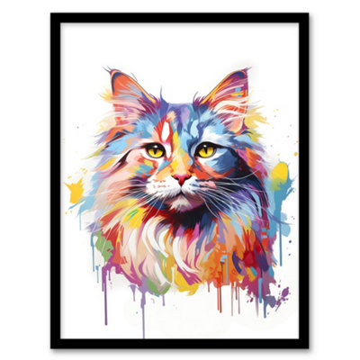 Artery8 Framed Wall Art Siberian Cat Lover Gift Pet Portrait Pastel Colour Rainbow Artwork Painting12X16 Inch from B&Q