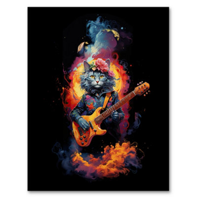Artery8 Framed Wall Art Smelly Cat Lover Gift Pet Portrait With Guitar Conceptual Orange Blue Purple Artwork12X16 Inch from B&Q