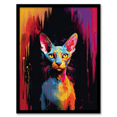 Artery8 Framed Wall Art Sphynx Cat Lover Gift Pet Portrait Colourful Artwork Painting12X16 Inch from B&Q