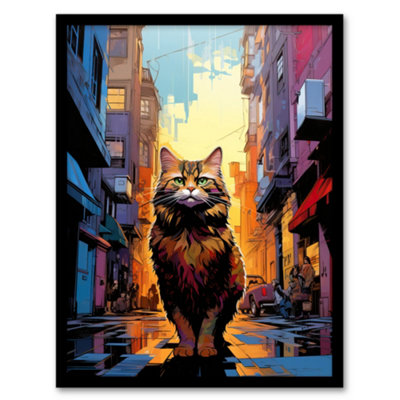 B&Q -  Framed Wall Art Street Cat Lover Gift Pet Portrait City Sunset Artwork Painting12X16 Inch