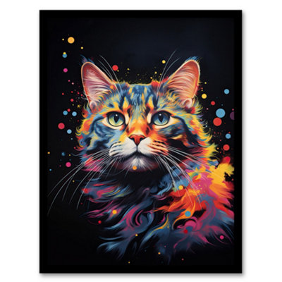 Artery8 Framed Wall Art Tabby Cat Lover Gift Pet Portrait Blue Pink Orange On Black Artwork Painting12X16 Inch from B&Q