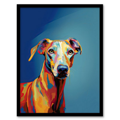 B&Q -  Framed Wall Art Greyhound Dog Lover Gift Pet Portrait Orange Blue Artwork Painting12X16 Inch