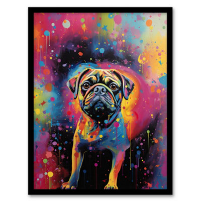 Artery8 Framed Wall Art Pug Dog Lover Gift Pet Portrait Colourful Neon Artwork Painting12X16 Inch from B&Q