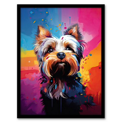 B&Q -  Framed Wall Art Yorkshire Terrier Dog Lover Gift Pet Portrait Rainbow Colours Artwork Painting12X16 Inch