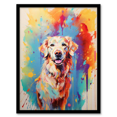 Artery8 Framed Wall Art Cream Golden Retriever Dog Lover Gift Pet Portrait Colourful Artwork Painting12X16 Inch from B&Q