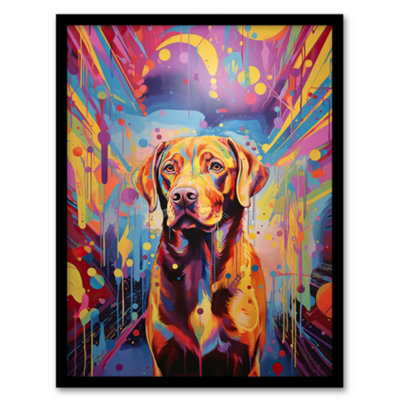 Artery8 Framed Wall Art Red Labrador Retriever Dog Lover Gift Pet Portrait Colourful Neon Artwork Painting12X16 Inch from B&Q