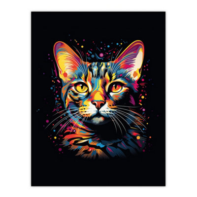 Artery8 Unframed Wall Art Bengal Cat Lover Gift Pet Portrait Orange Purple Blue On Black Artwork Painting12X16 Inch from B&Q