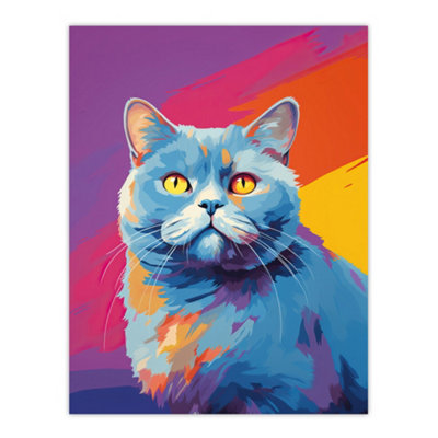 Artery8 Unframed Wall Art British Shorthair Cat Lover Gift Pet Portrait Purple Orange Blue Artwork Painting12X16 Inch from B&Q