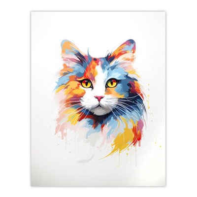 Artery8 Unframed Wall Art Calico Cat Lover Gift Pet Portrait Orange Blue Artwork Painting12X16 Inch from B&Q