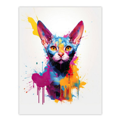 Artery8 Unframed Wall Art Devon Rex Cat Lover Gift Pet Portrait Purple Blue Orange Artwork Painting12X16 Inch from B&Q