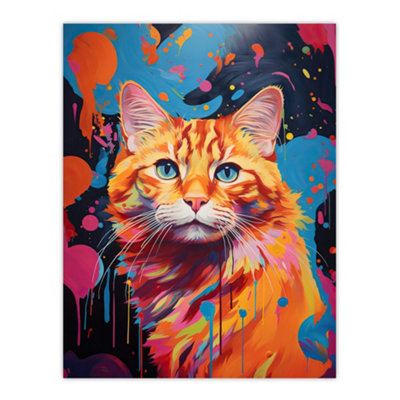 Artery8 Unframed Wall Art Orange Tabby Cat Lover Gift Pet Portrait Abstract Pink Blue Artwork Painting12X16 Inch from B&Q
