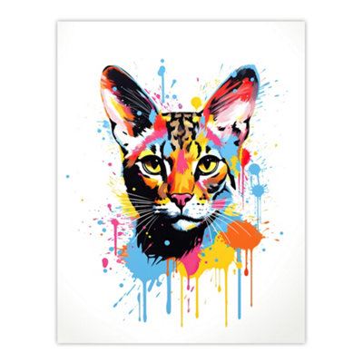 B&Q -  Unframed Wall Art Serval Cat Lover Gift Pet Portrait Orange Blue Pink Artwork Painting12X16 Inch