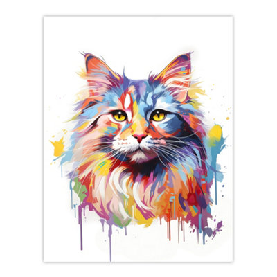 Artery8 Unframed Wall Art Siberian Cat Lover Gift Pet Portrait Pastel Colour Rainbow Artwork Painting12X16 Inch from B&Q
