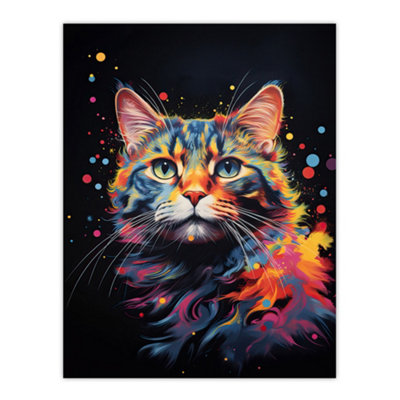 Artery8 Unframed Wall Art Tabby Cat Lover Gift Pet Portrait Blue Pink Orange On Black Artwork Painting12X16 Inch from B&Q